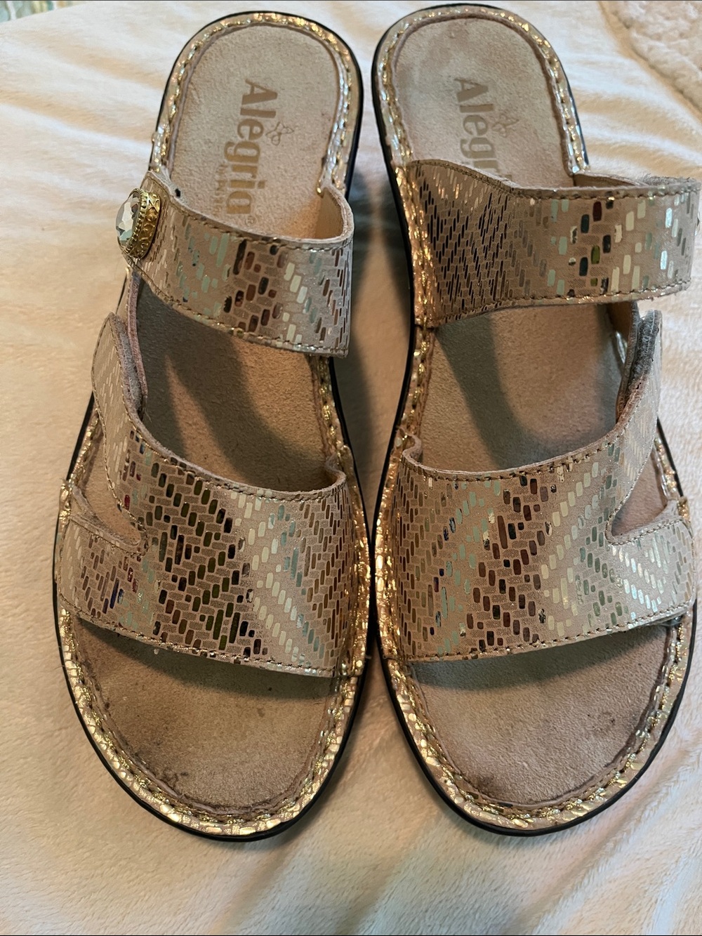 Alegria Women's Gold Iridescent Dual-Strap Slide Sandals